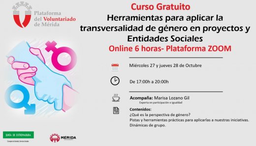 taller Online gratuito "HERRAMIENTAS PARA APLICAR LA TRANSVERSALIDAD DE GÉNERO EN PROYECTOS Y ENTIDADES SOCIALES"
